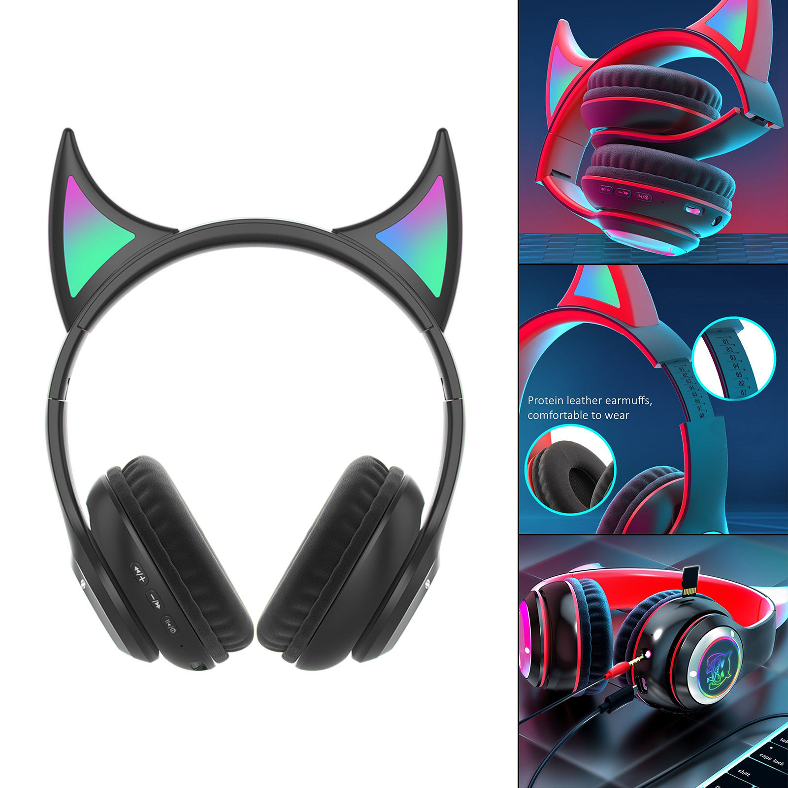 Wireless Headset Cute RGB Light Unique Bluetooth 5.0 Little Devil Gamer Headset for PC Computer Cell Phones Sport Kids Adults