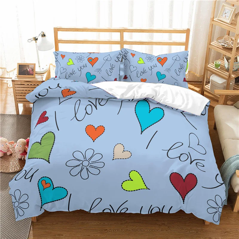 best Bedding Sets Bedding Set Luxury 3D Heart Love Print 2/3Pcs Duvet Cover Pillowcase for Kids Adult Home Textile Single Queen and King Size cotton bed sheets