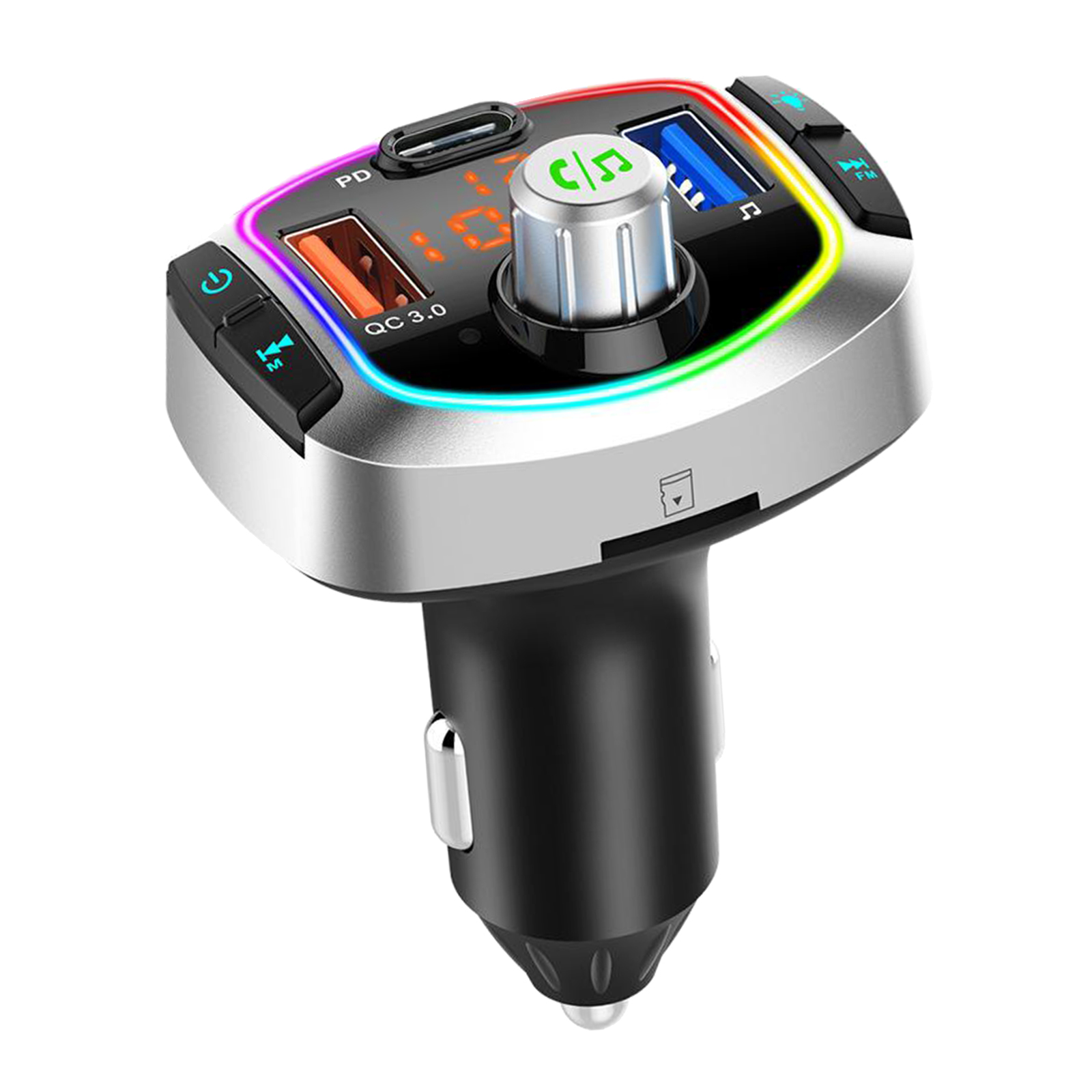Car Bluetooth V5.0 FM Transmitter PD Fast Charge 6 RGB Color Backlit USB Drive U disk MP3 Player