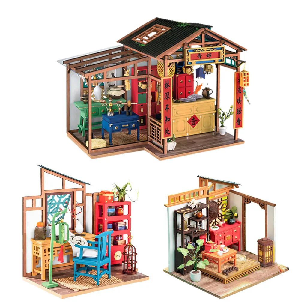 Miniature Dollhouse Kit LED Light Ancient Wood Vintage House Craft Doll House 3D Puzzles Self Assembly Toys Valentine`s Day Gift