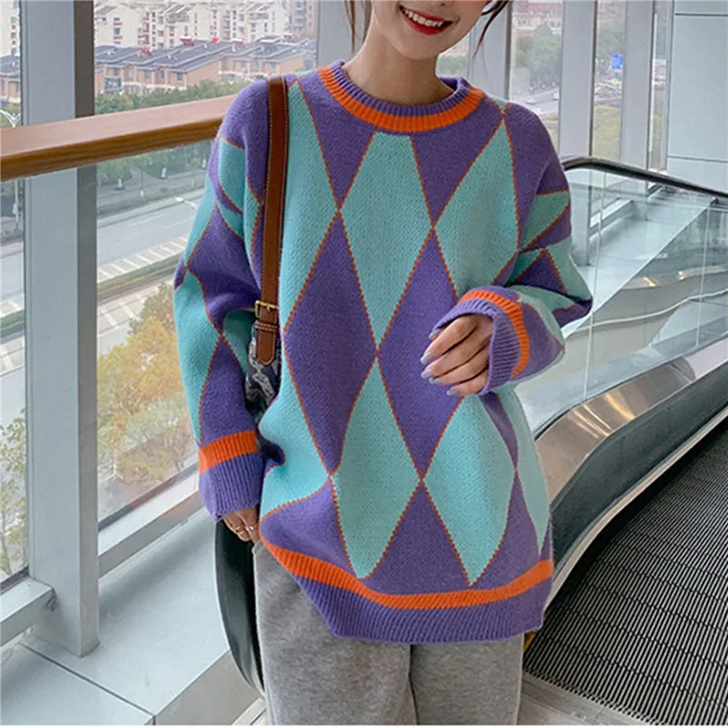 Women Sweater Geometric Pattern Long Sleeve Round Neck Loose Casual Knitting Tops Autumn Winter Female Pullovers Streetwear short sleeve cardigan