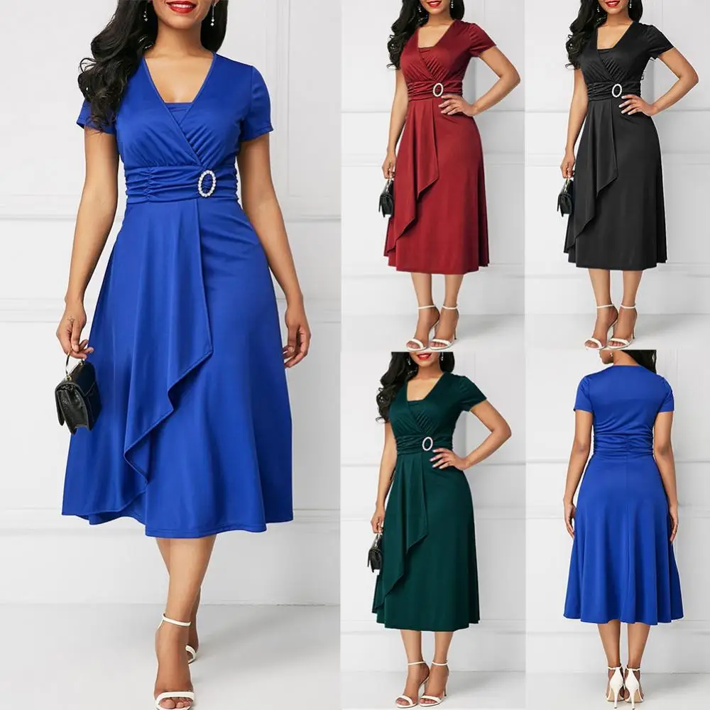Plus Size Elegant Women Solid Color Short Sleeve V Neck Asymmetric Hem Waist Tight Midi Party Dress Ladies Evening Vestidos cocktail dresses