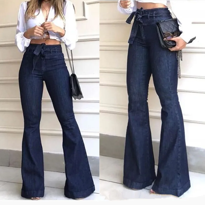 Calça monocromática de pernas largas feminina, jeans