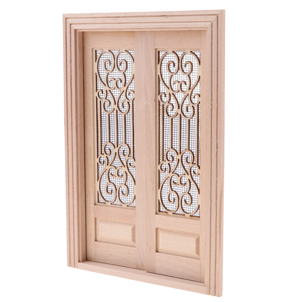 Miniature Exquisite Handmade DIY Unpainted External Wooden Double Door Accs