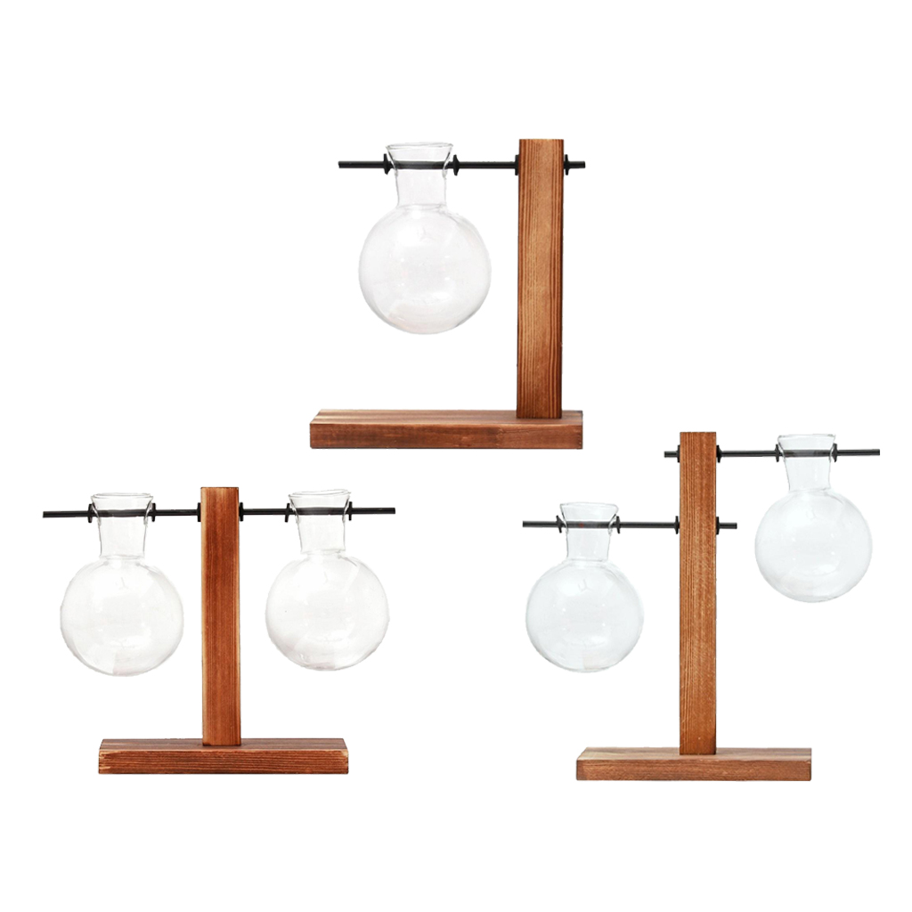 Desktop Plant Terrarium Glass Planter Bulb Vase Retro Wooden Stand Home Decor