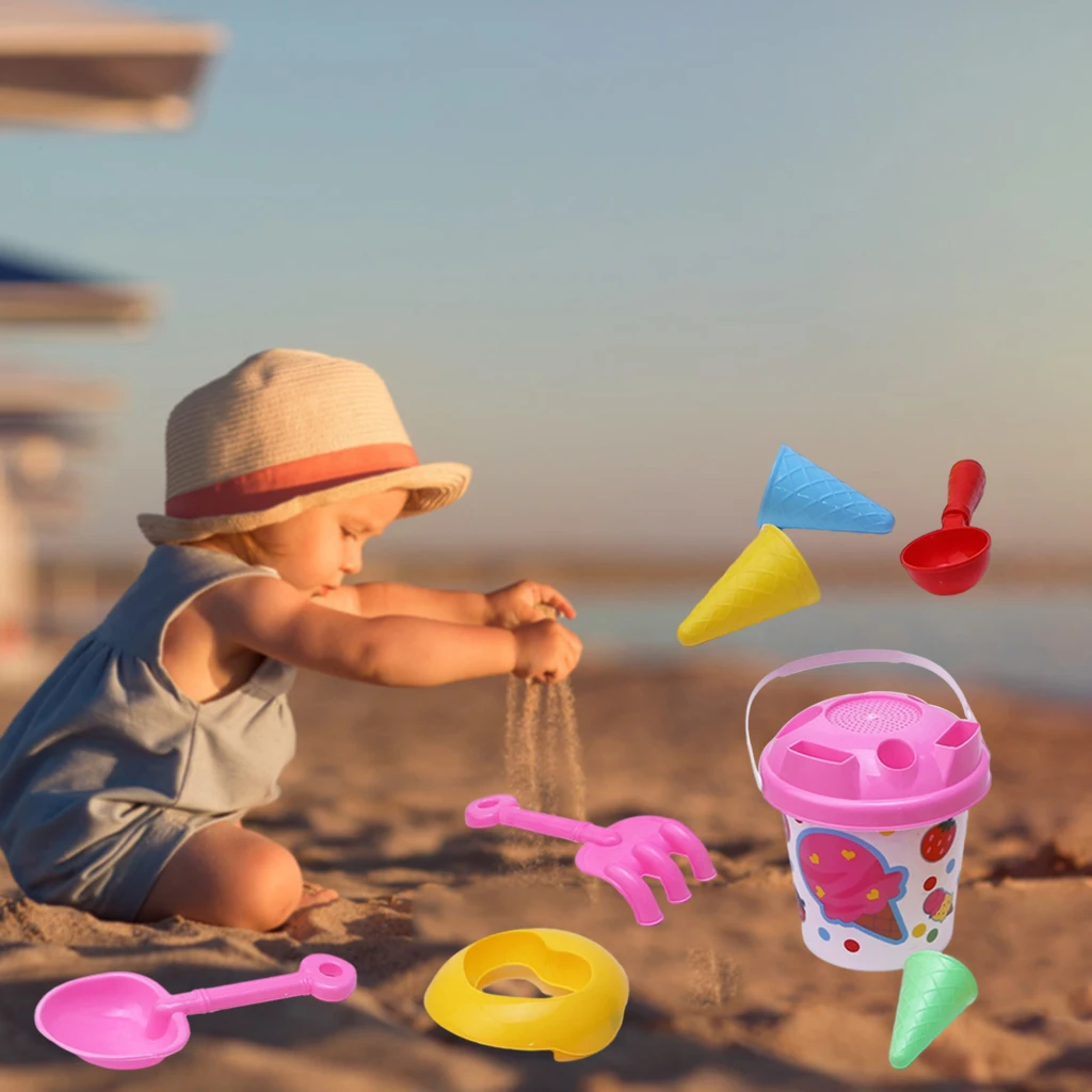 Set of 8pcs Beach Toys Sand Bucket Pail Shovel Ice Cream Moulds for Kids 3-4