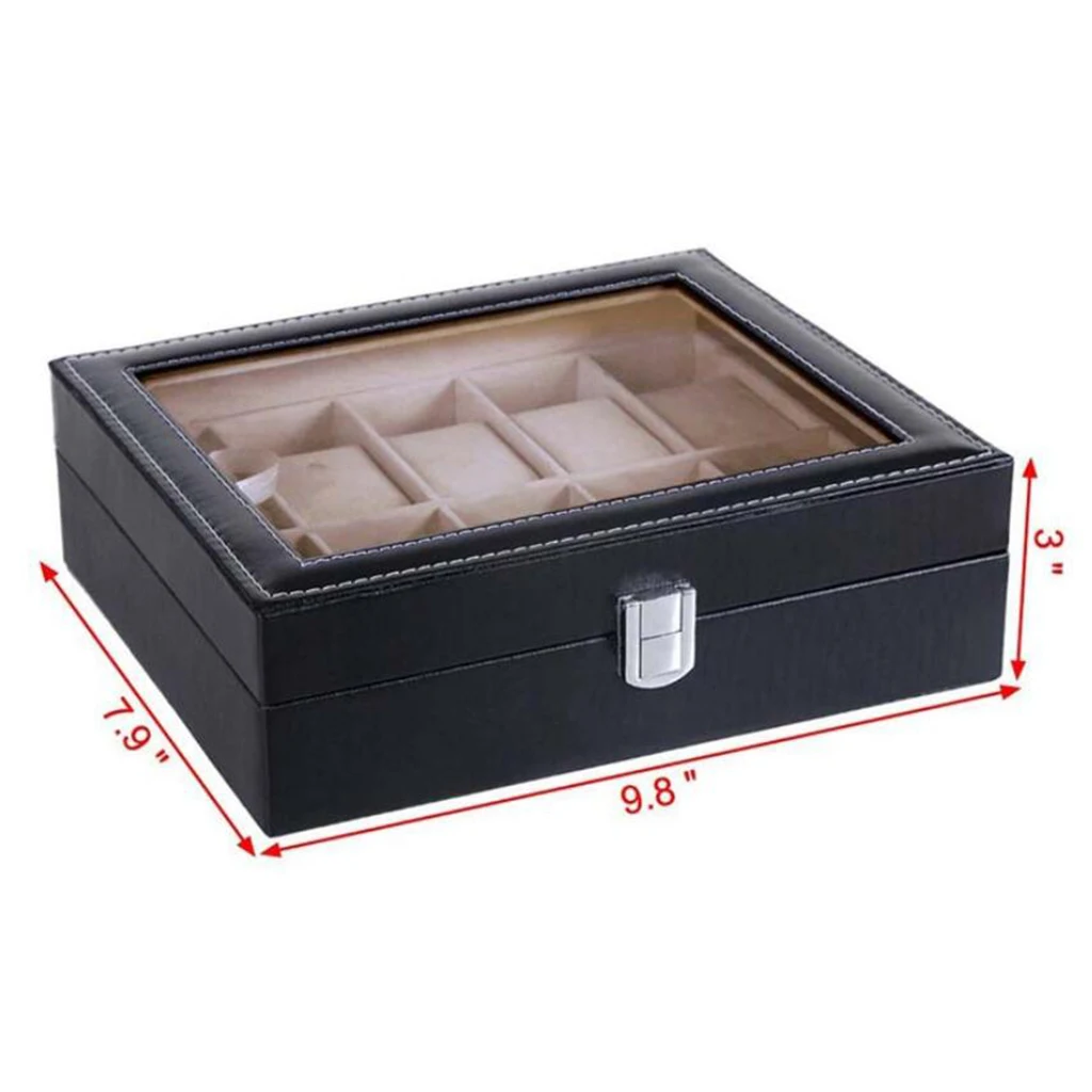 PU Leather 10 Slots Watch Box Glass Top Watch Organizer Jewelry Display Case Box with Soft Leather Pillows for Men Women