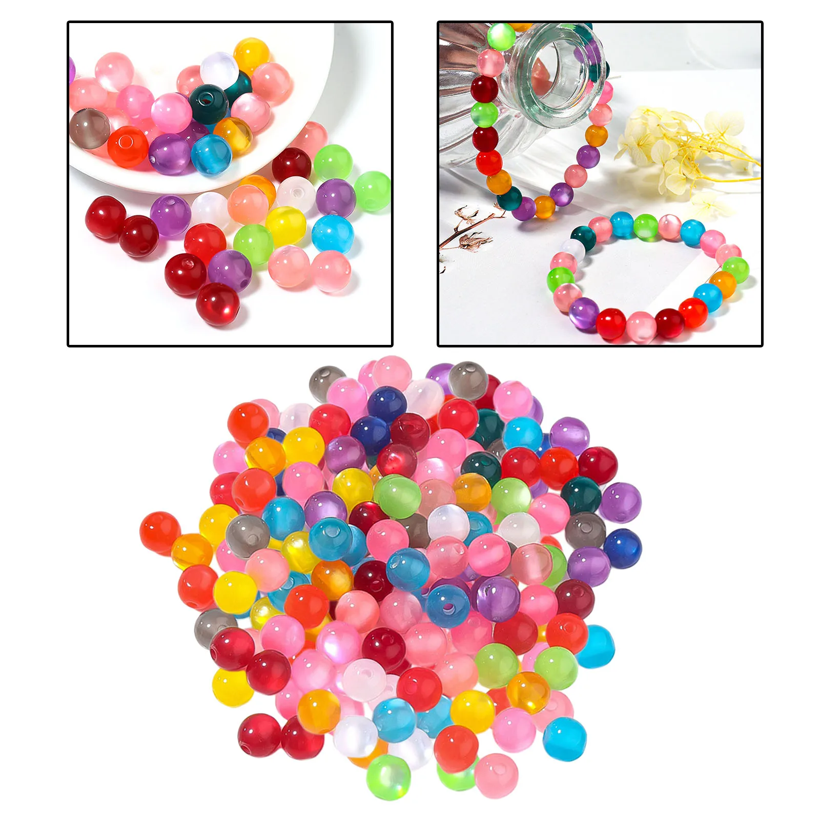 300Pcs 8mm Round Glass Beads Cat Eye Beads Loose Pendant DIY Bracelets Necklace Jewelry Making Handmade Keychain Finding