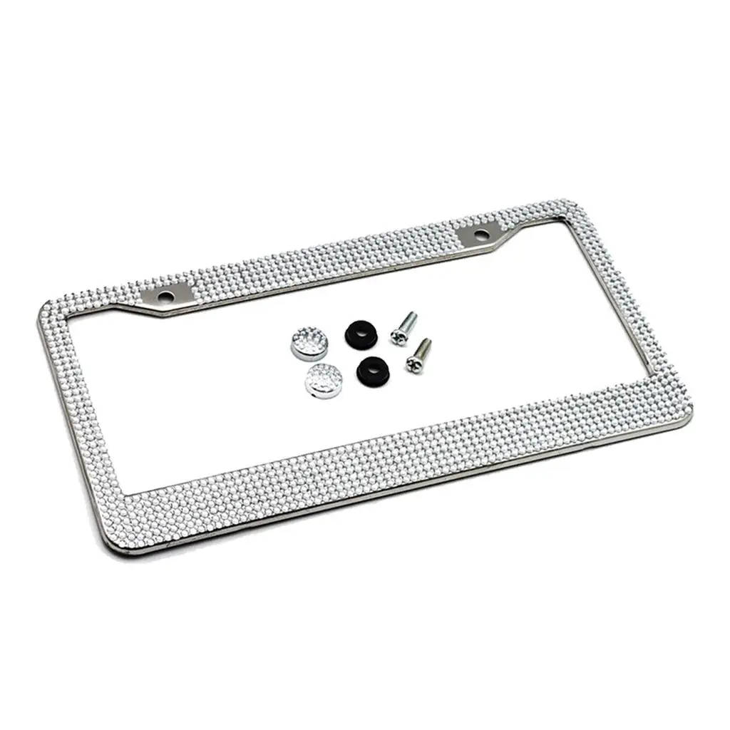 Crystals Bling License Plate Metal Frame Car Tag Holder Stainless Steel Car Tag Frame for U.S & Canada Auto