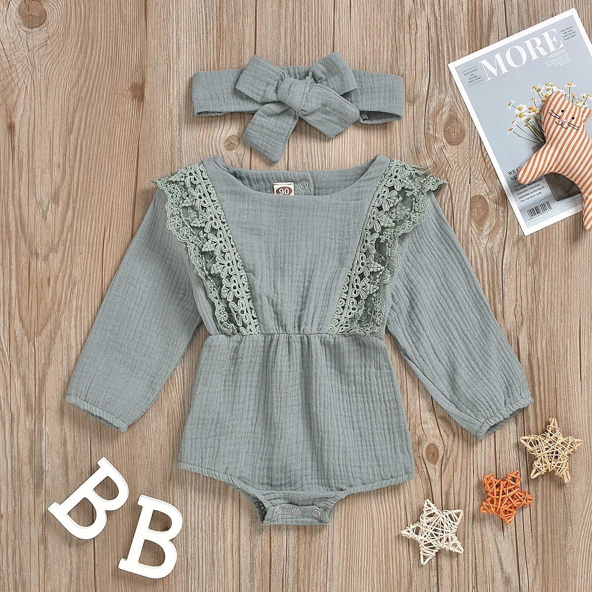 Spring Autumn Infant Baby Girls Romper + Headband Cotton Linen Long Sleeve Lace Infant Playsuit Jumpsuit Newborn Clothes Cotton baby suit
