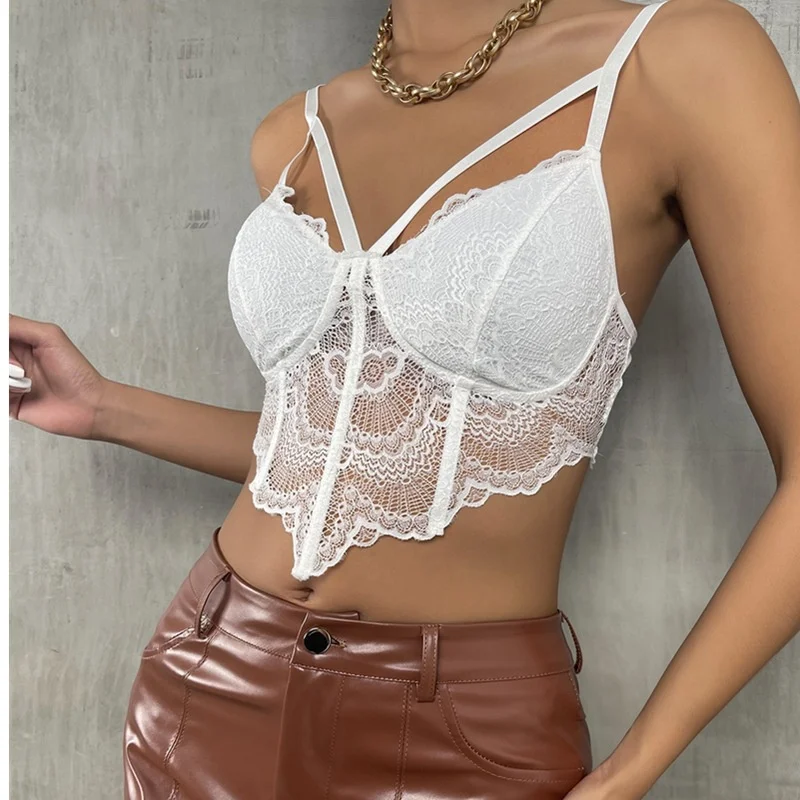 camisole bra CHRONSTYLE Sexy Strap Lace Bra Bustiers 2022 New Women Low Cut Hollow Out Corsets Cropped Female Camis V-neck Backless Tube Tops spanx camisole