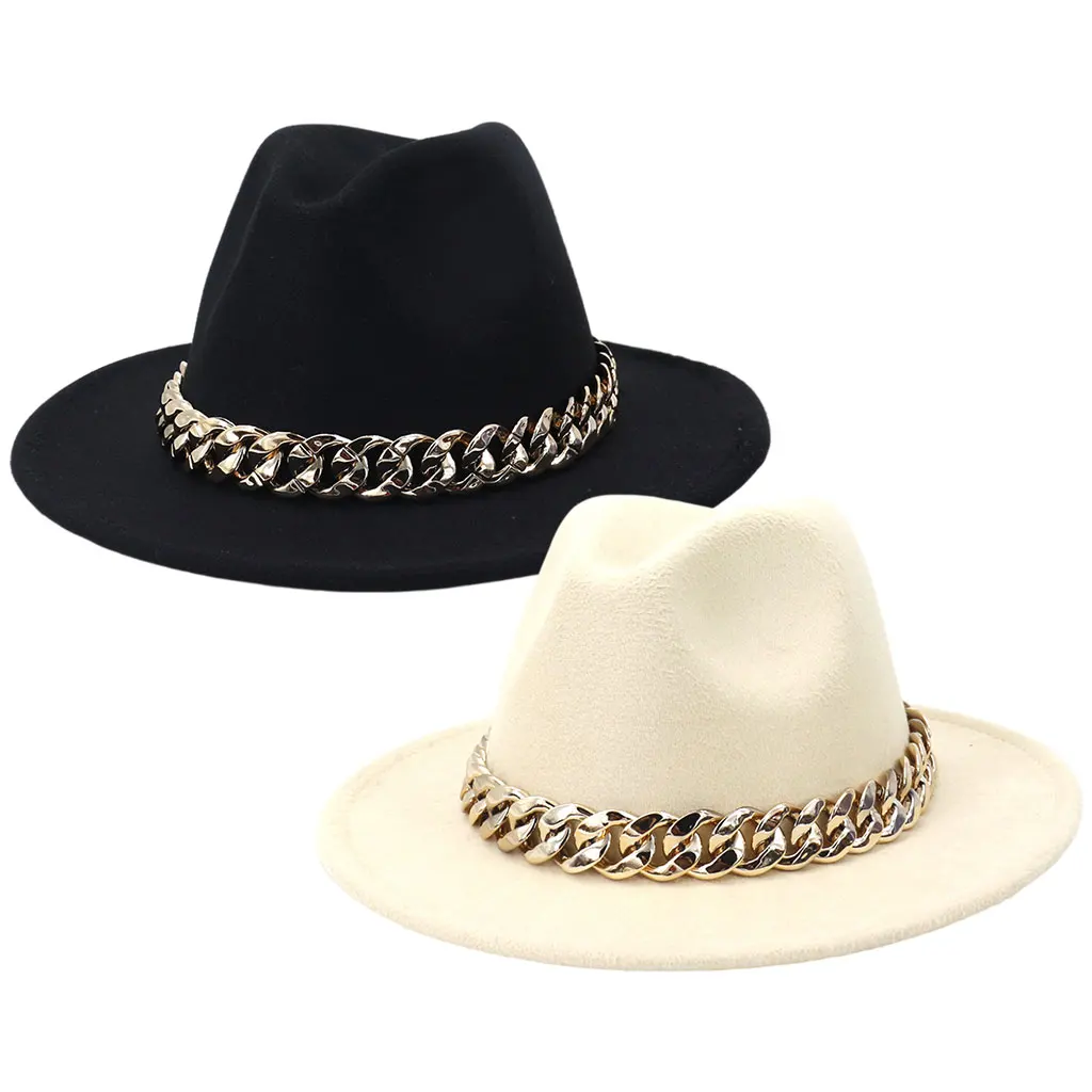 Elegant Wide Brim Fedora Hat with Chain Big Brim with Band Fashionable Flat Top Panama British for Women Travel Autumn Church