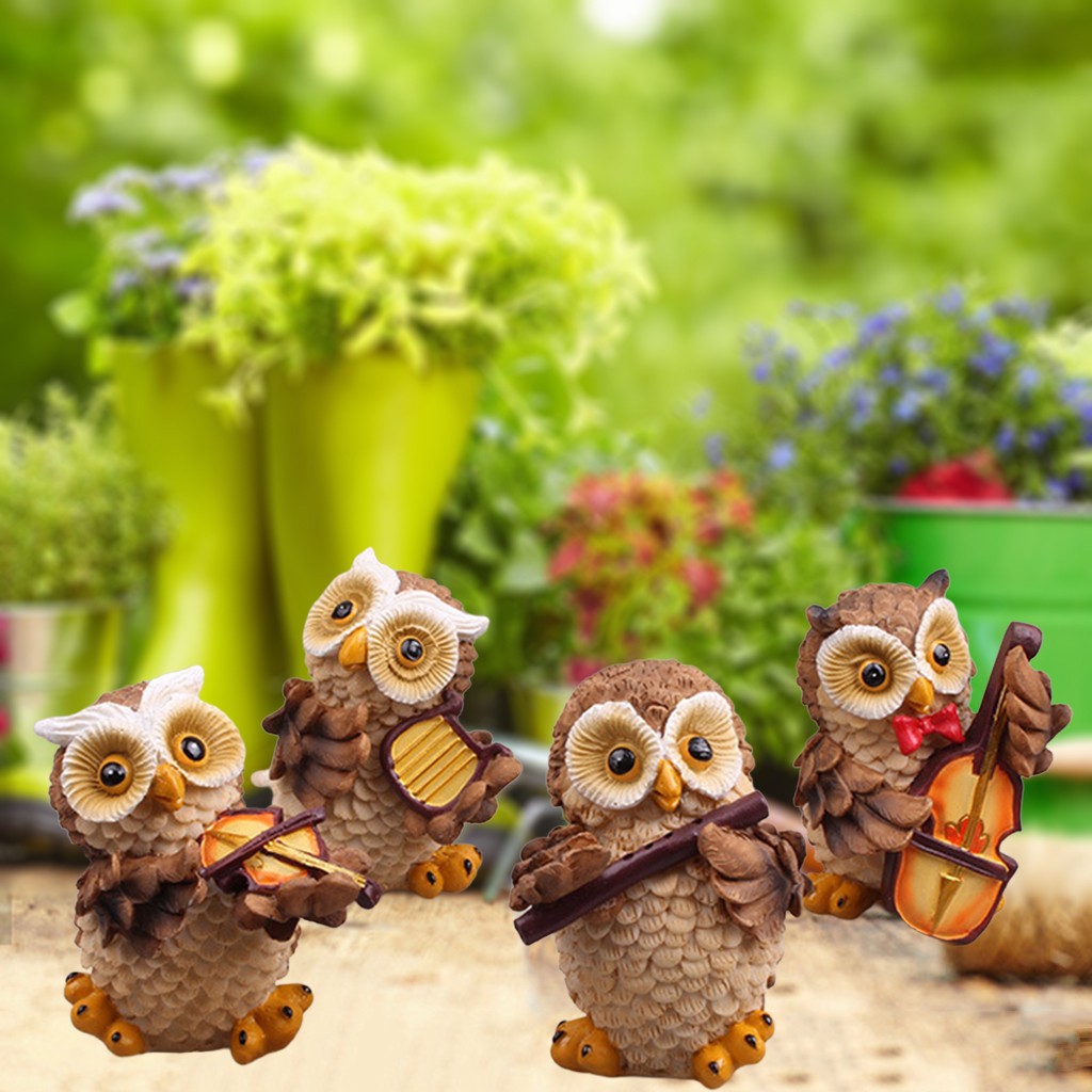 4Pce Owl Statue Outdoor Garden Resin Sculpture Lawn Patio Dollhouse Decor