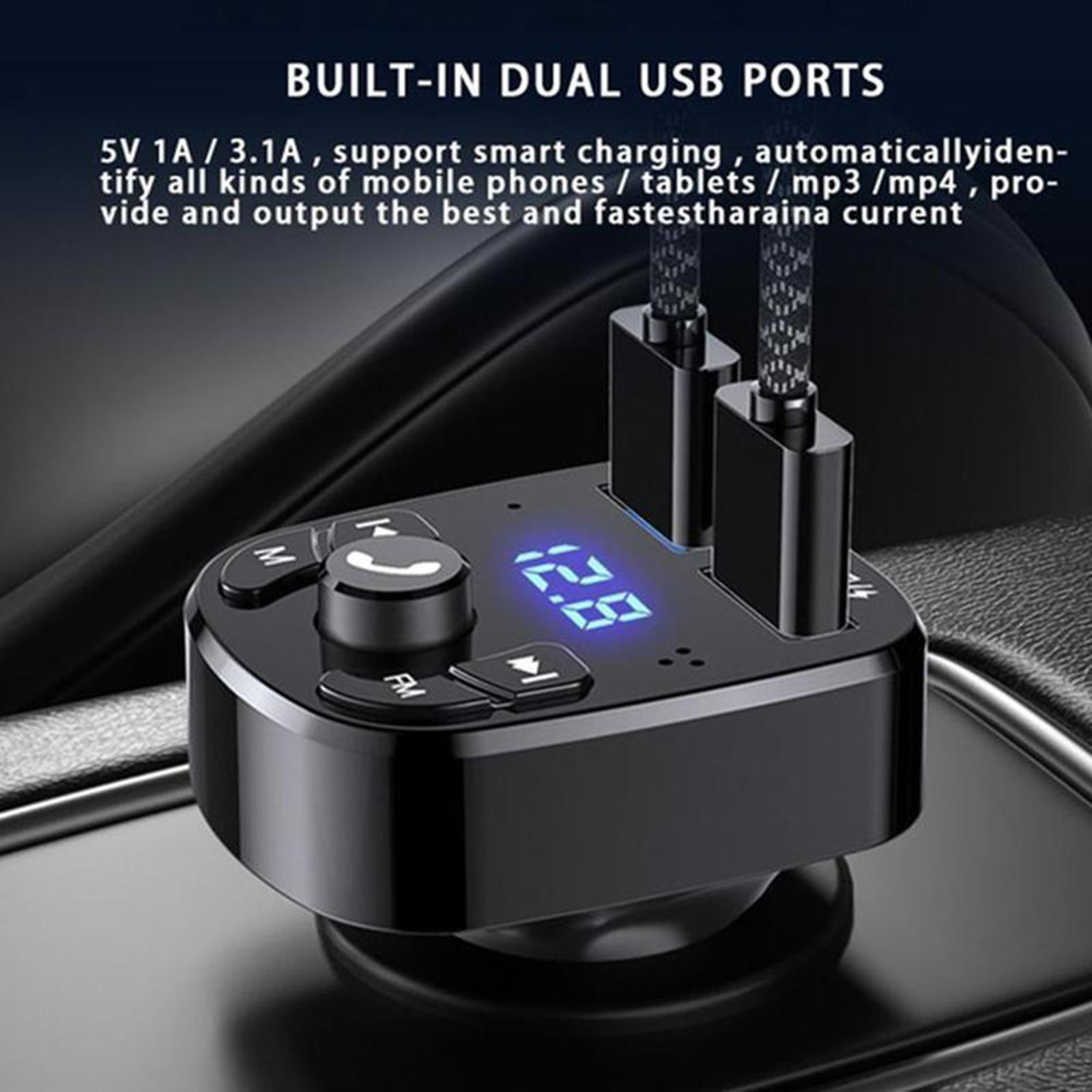 Wireless Radio Receiver Handsfree Call Car Charger Bluetooth FM Transmitter LED Screen 2 USB Ports 12V/3.1A for Smartphones