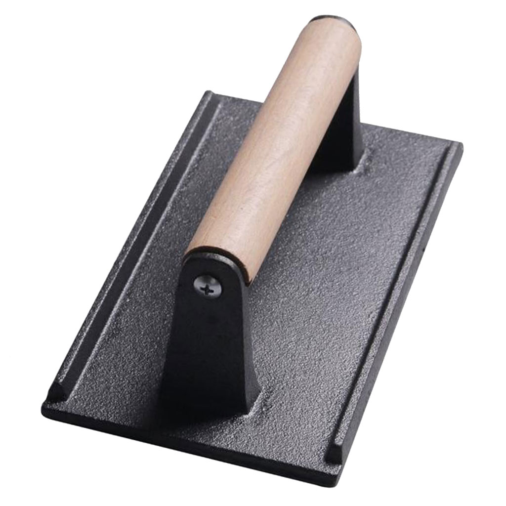 Cast Iron Grill Press Pre-Seasoned, Round Grilling Accessory, with Easy Grip Wooden Handle  for Bacon, Burger, Steaks, 21x11cm