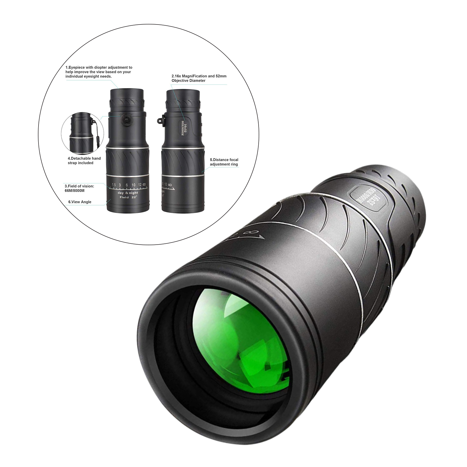 16x52 Monocular Dual Focus Optics Zoom Telescope 66m/8000m High Power BAK4 Prism for Bird Watching Hunting