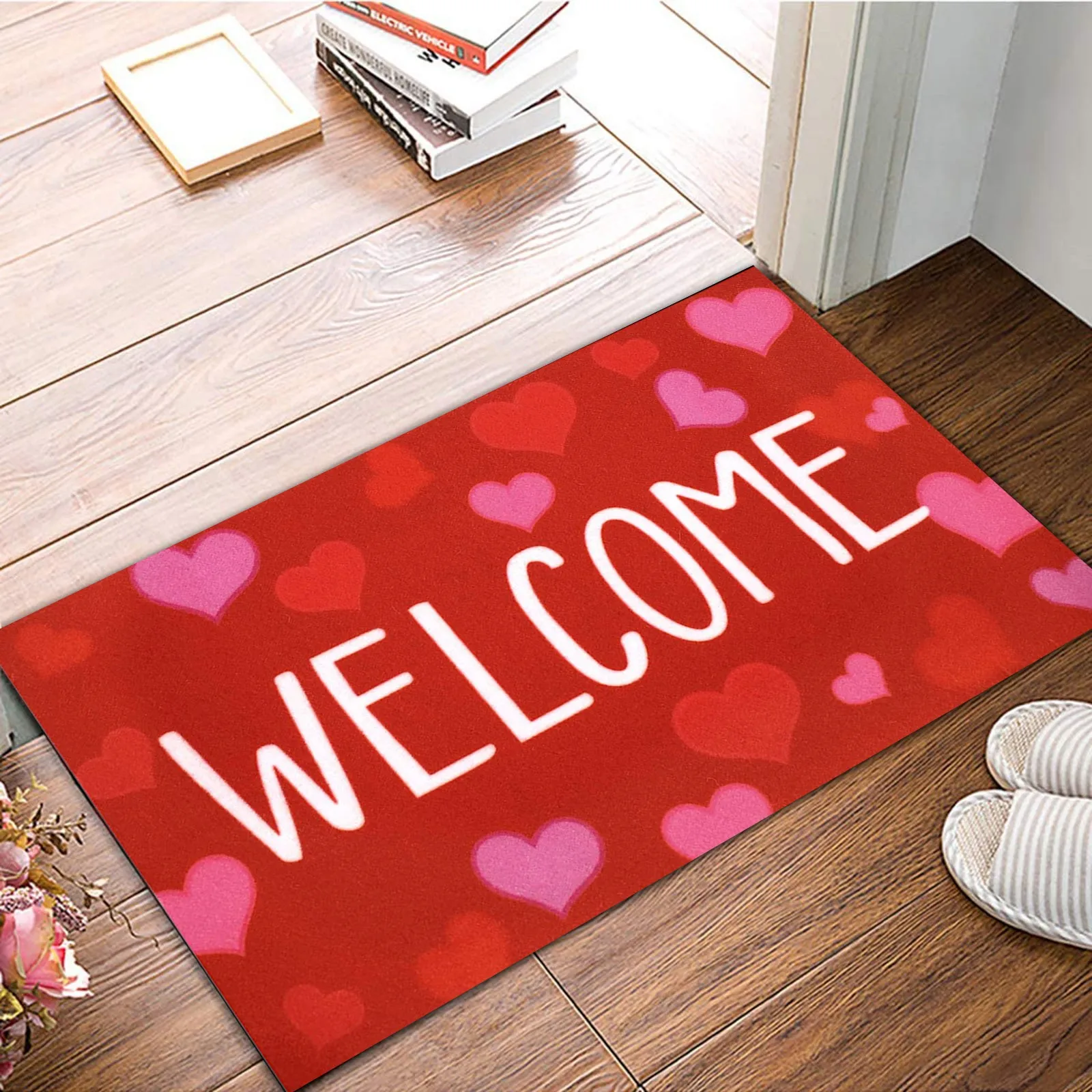 Red Home Heart Welcome Door Mat Front Bathroom Porch Rug Valentine's Day Decor 