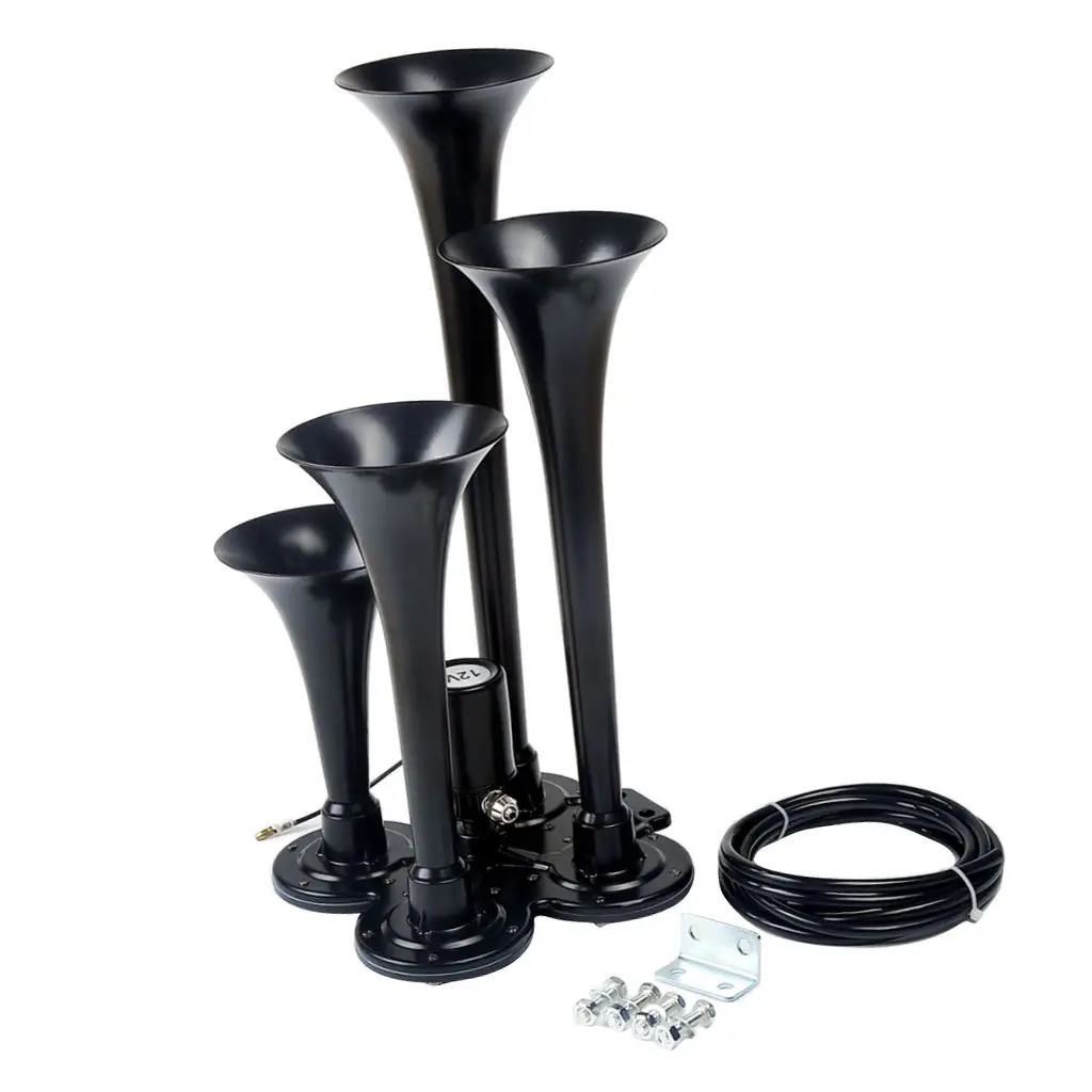 Loud 150dB 4/Four Trumpet Train Air Horn With 12V Electric Solenoid Black