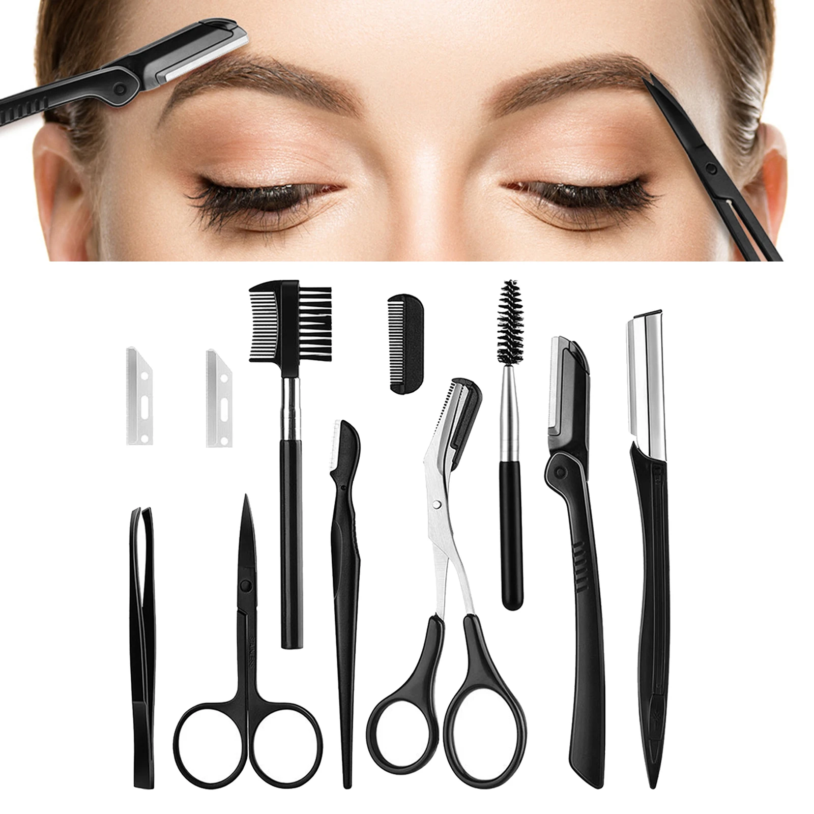 11-in-1 Eyebrow Grooming Set, Professional Tweezer & Stainless Steel Scissors Brow Razor Trimmer Eyebrow Brush