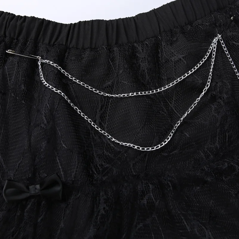 Harajuku Fairycore Grunge Mini Skirt Punk Hight Waist Leopard Ruffle With Chain Black Lace Mesh Skirt E-girl Mall Goth Clothes