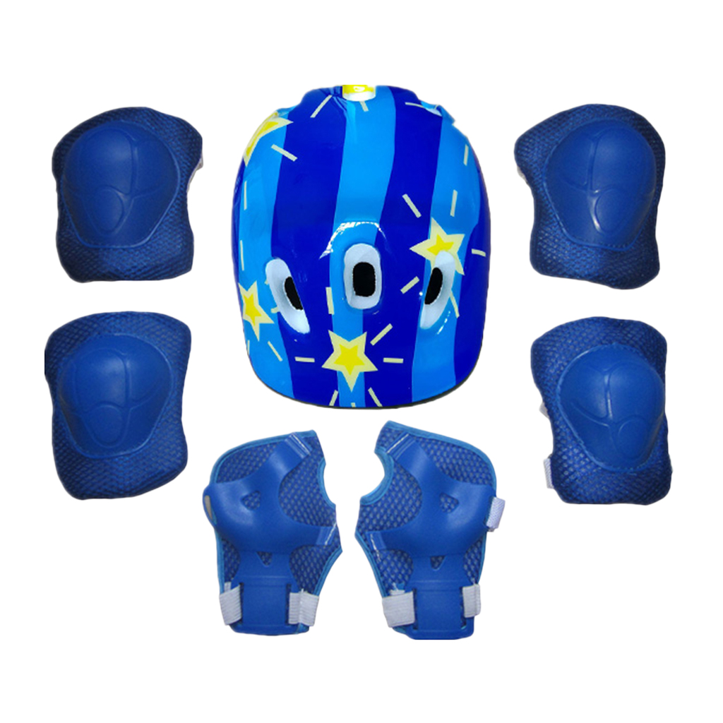 7Pcs/set Kids Children Inline Roller Skating Skateboard Helmet Knee Wrist Guard Elbow Pad Blue