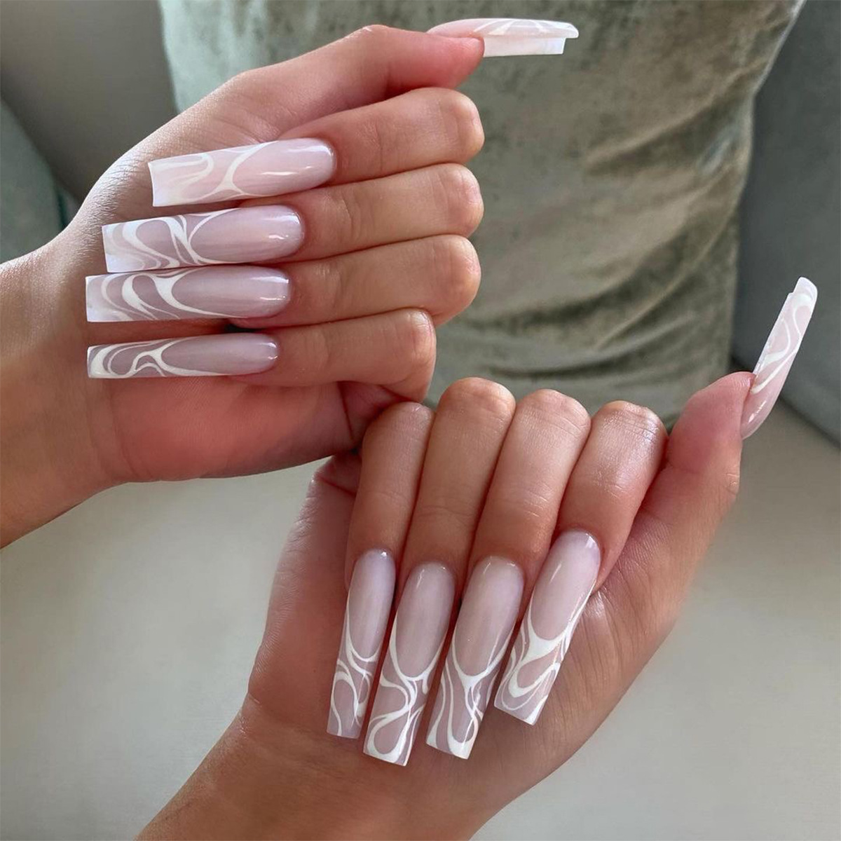 24Pcs/Set White Waves Nail Patch Glue Type Removable Super Long Paragraph  Artificial Manicure Fully Covered Nail Decoration|False Nails| - AliExpress