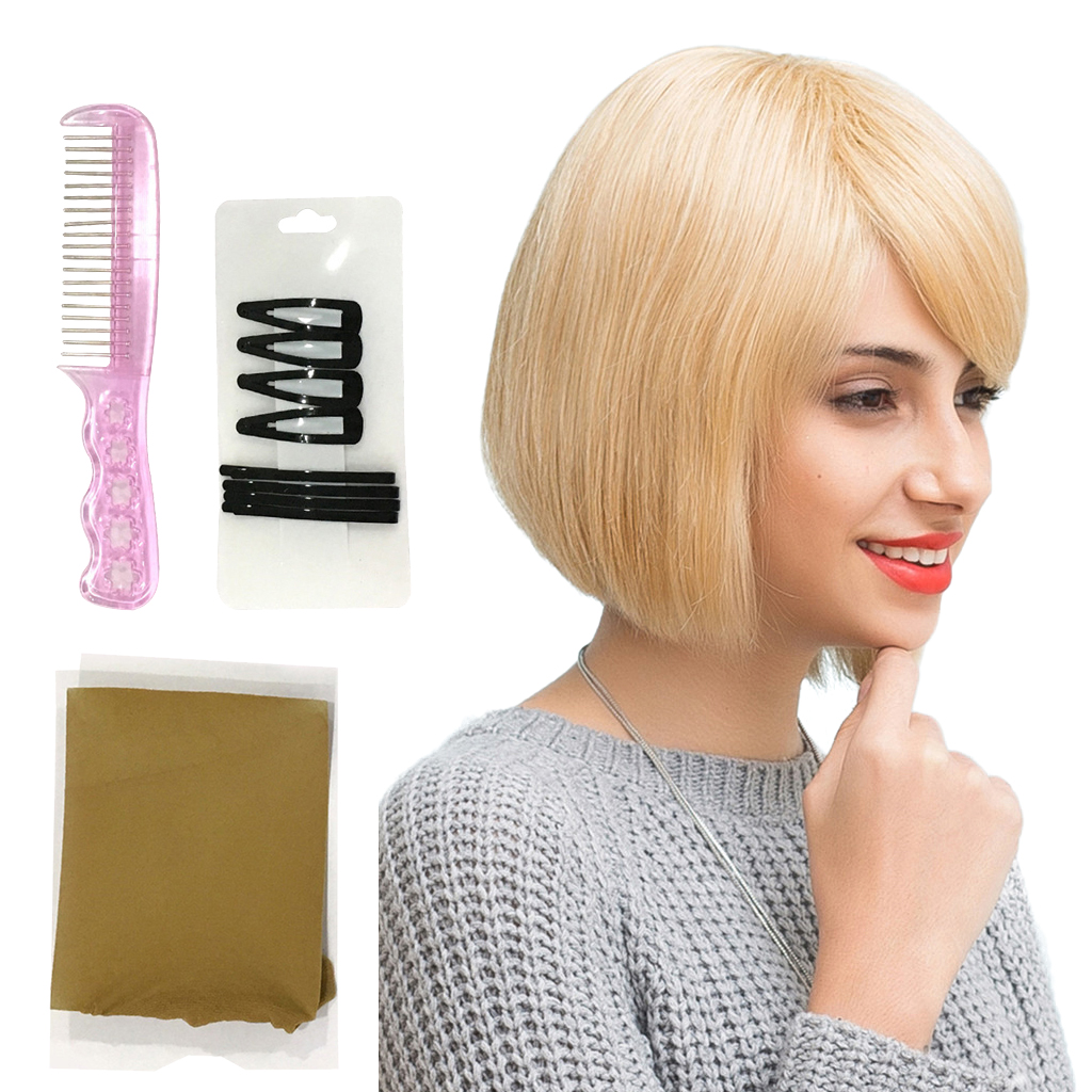 Blonde Side Part Women Short Straight Bob Wig with Bangs Human Hair Wig 14''