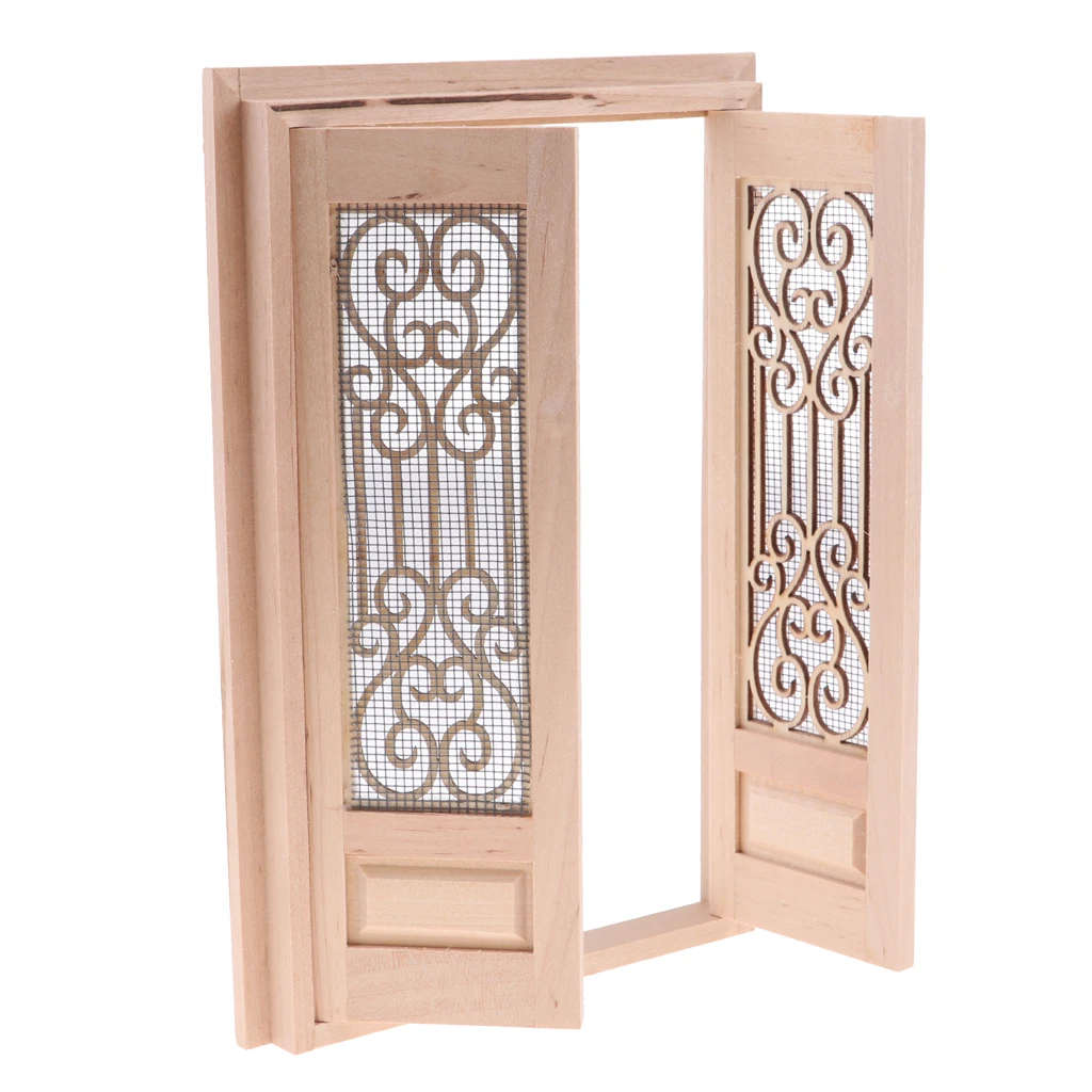 1/12 Scale Dollhouse Mini Wood External Hollow Screen Double Door Unpainted