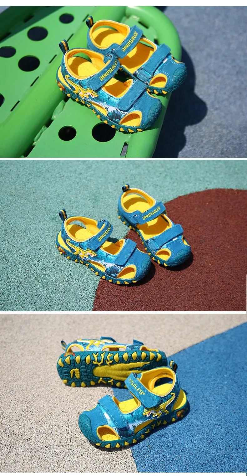 DINO Children Sandals Dinosaur 3-8Y Kids Summer Beach Shoes T-Rex Leather Velcro Closed Toe Fashion 2022 New Boys Sports Sandals girl princess shoes