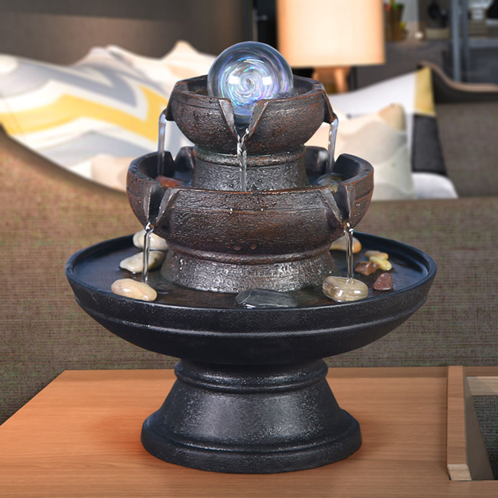 Desktop Fountain Running Water Home Tabletop Decoration Resin Landscape Ornament Decor With Light LED Rolling Ball