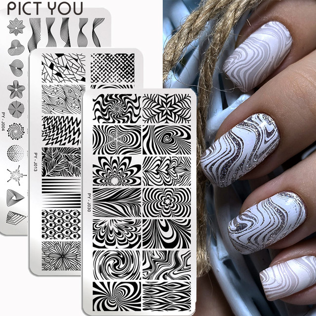 7 Sheets French Line Nails Art Stamping Plate Geometrical Wave Line Drawing  Templates Flower Love Lace Stamp Mold Manicure Valentine's Day Design