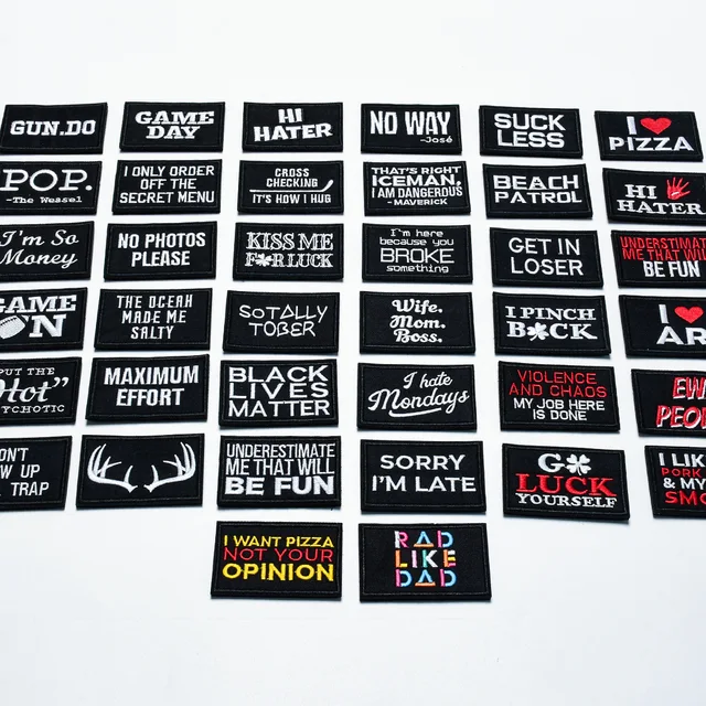 Black White Written Words Patches Letters Embroidered Stripes for