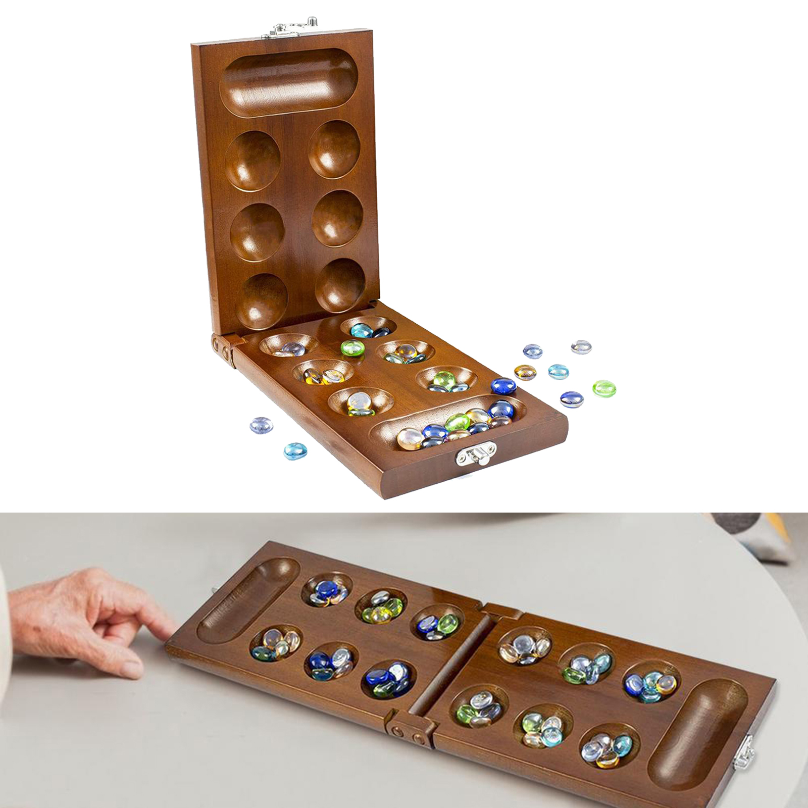 Mancala Board Game with Stone Beads for Adult, Wooden Board Game for Families Kids, Portable Folding Travel Size