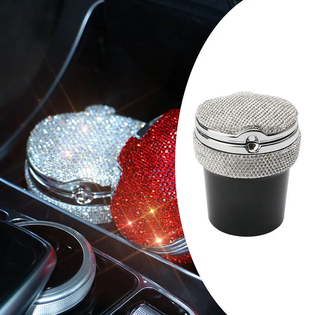 Car Ashtray with LED Interior Vehicle-Mounted Washable Rhinestones Decoration Auto Ashtray Fit for Dashboard Cup Holders Travel