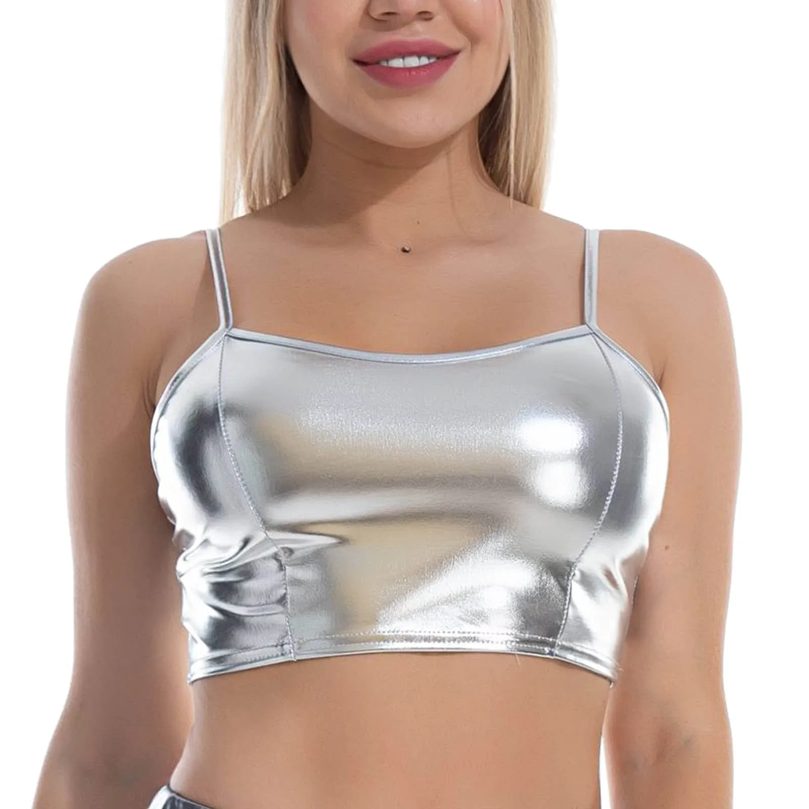 Shimmering Crop Top Wet Look Metallic Bralet Shiny shimmer camisole Silver XS ML 