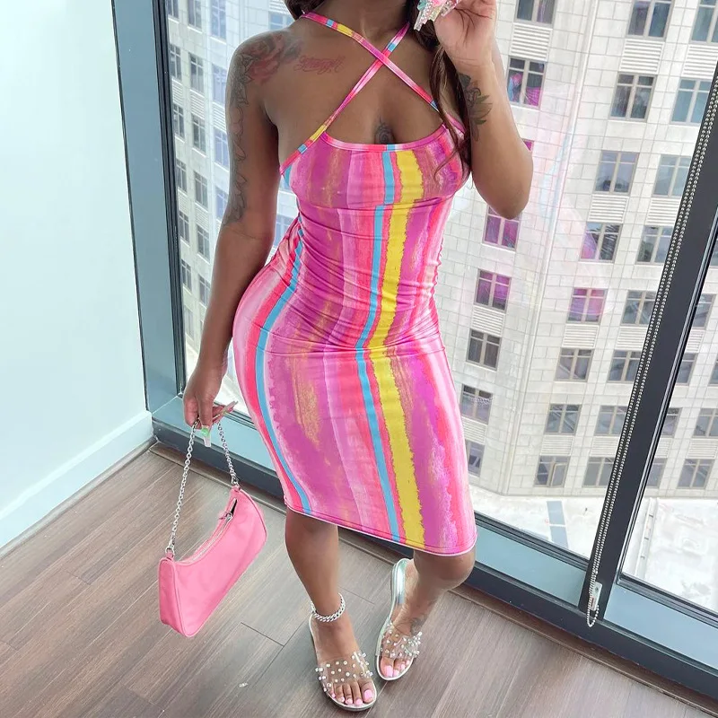 New Women Bodycon Dress Sleeveless Back Cross Sexy Stripes Summer Club Party Midi Dress Skin-Friendly And Comfortable S M L bathing suit cover