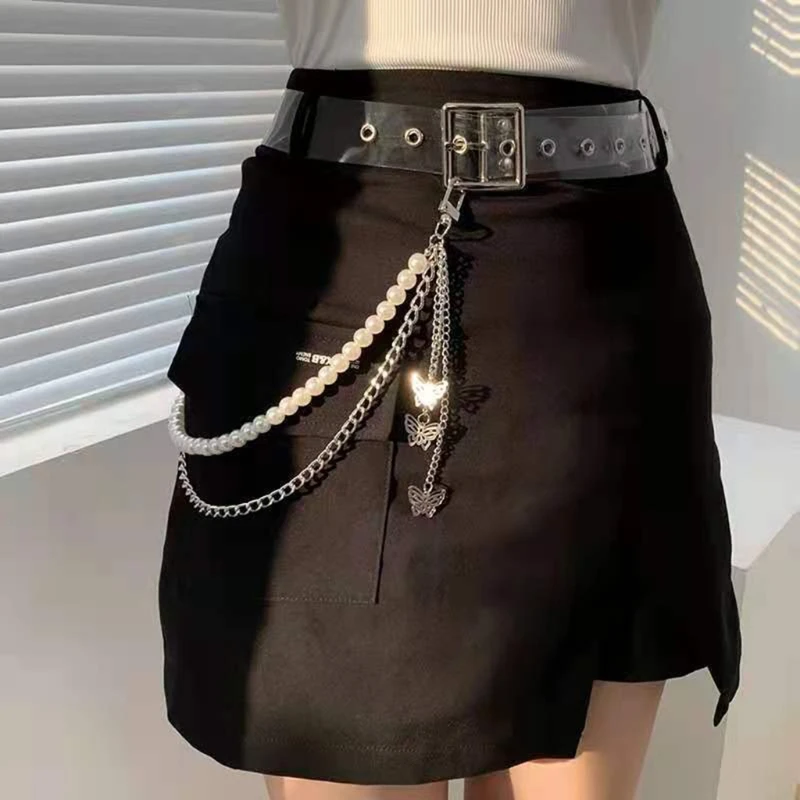 X7YA Multi-Layer Harajuku Hip Hop Pearl Butterfly Chain Belt Jeans Pants Chain for Egirl Eboy Ins Goth Aesthetic Accessories