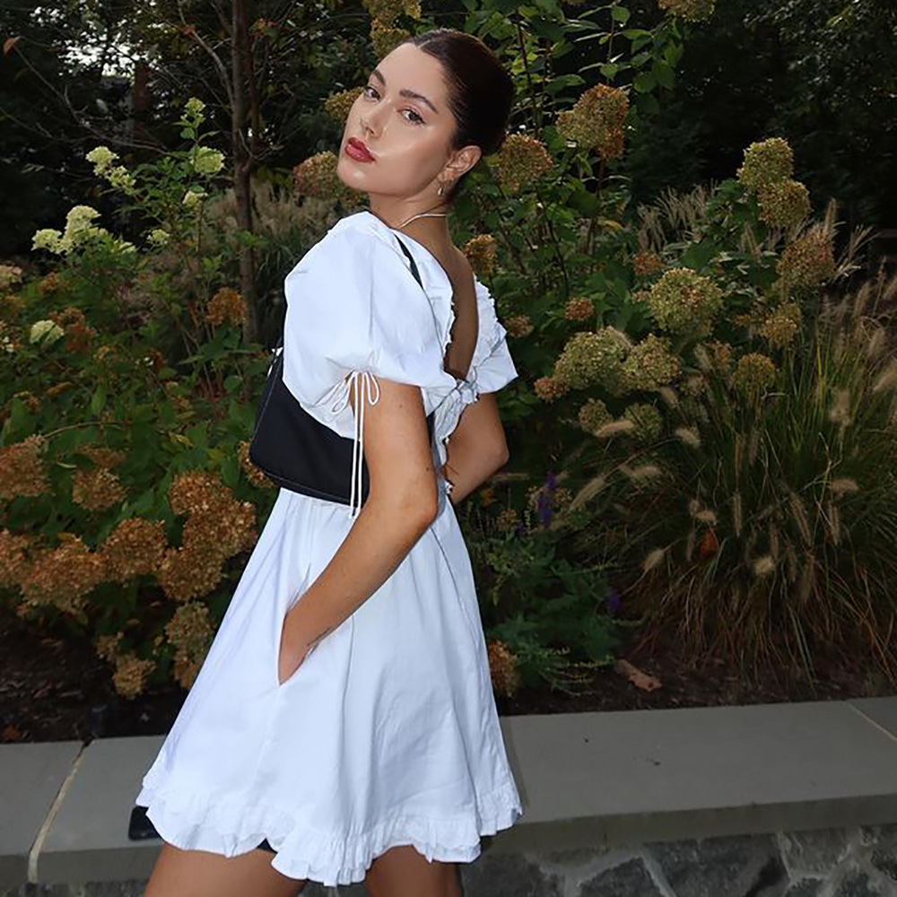 Waliicorners Fashion White Puff Sleeve Backless Ruffle Hem Mini Dress 17 H0c213396293e4cfab81cda90be088585a