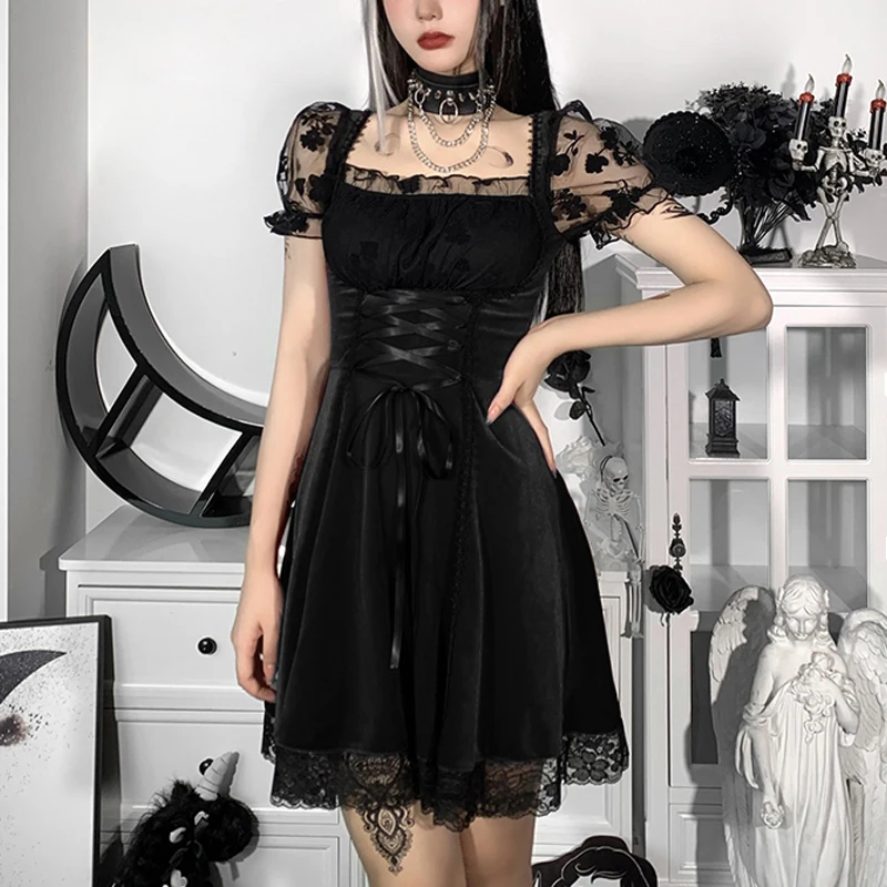 Women Bodycon Gothic Dress Lace Square-Neck Short Bubble Sleeve Slim Waist Skirt Sexy Party Elegant Button Party Slim Dresses