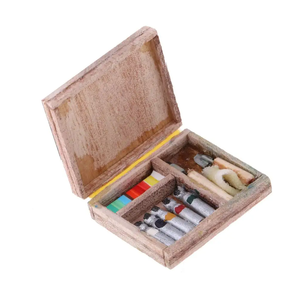 Miniature 1/12 Scale Dollhouse Wooden Paint or Watercolors Box Set Painting Supplies
