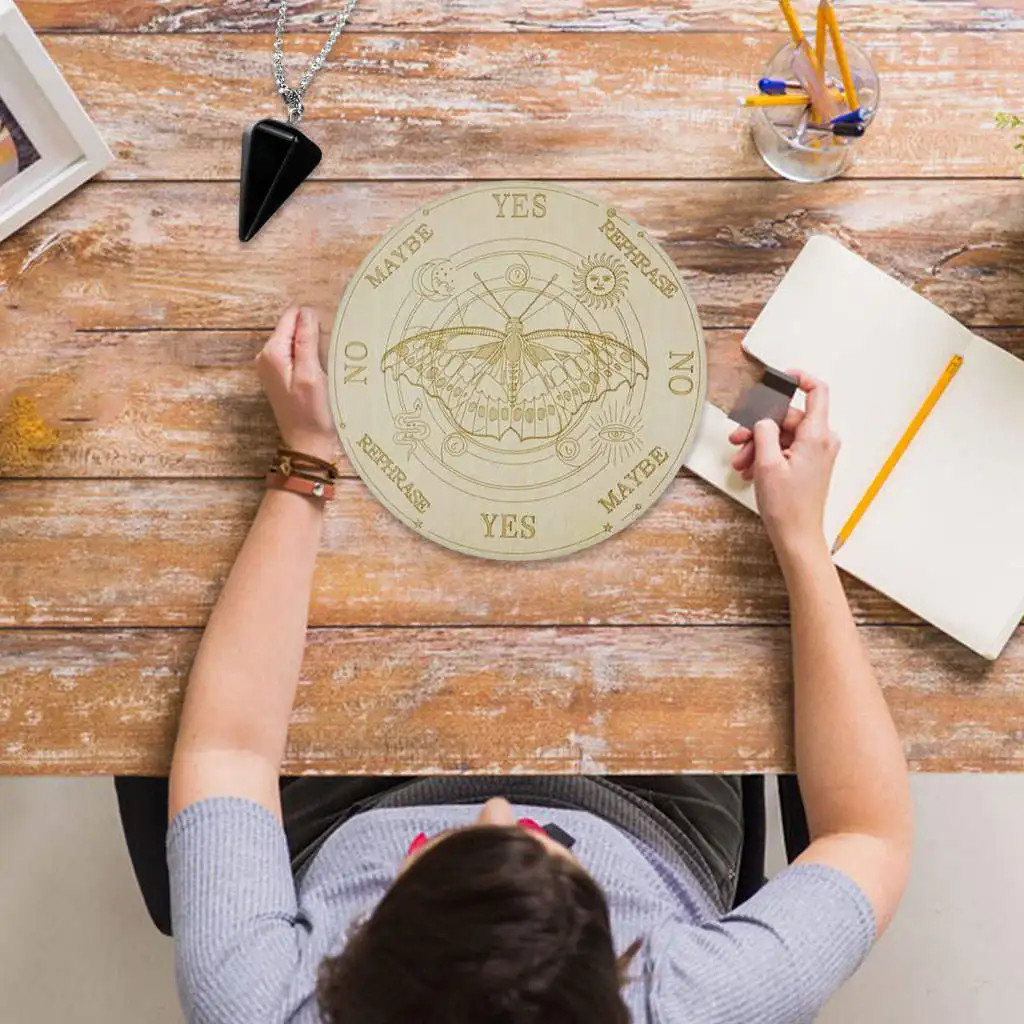 Round Wooden Carven Pendulum Board with Black Pendant Necklace Home Decor