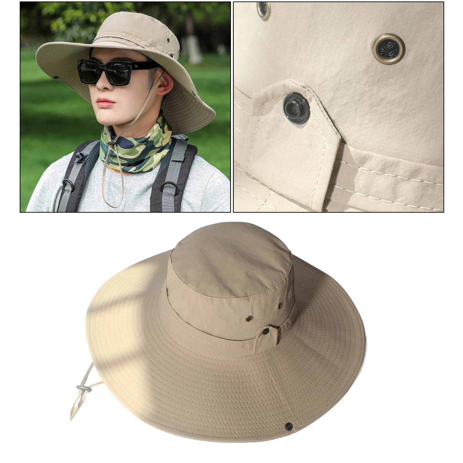 Summer Men Wide Brim Bucket Hat Outdoor Beach Cap for Golf Fishing Headwear Windproof Mesh Polyester Beach Cap