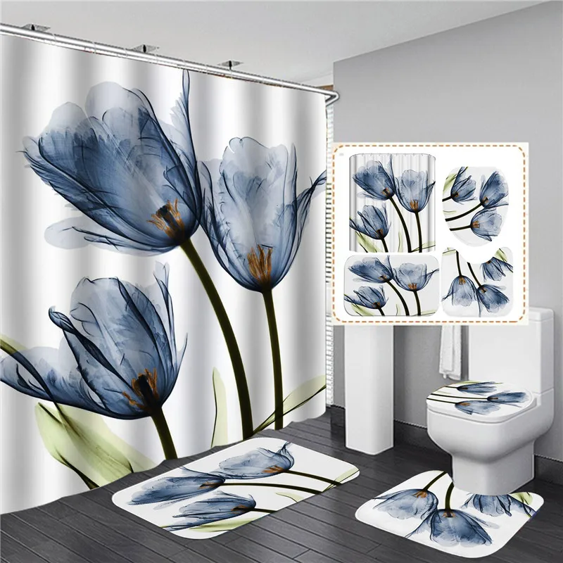 Tulip Shower Curtain Home Bathroom Anti-slip Carpet Rug Toilet Cover Mat 