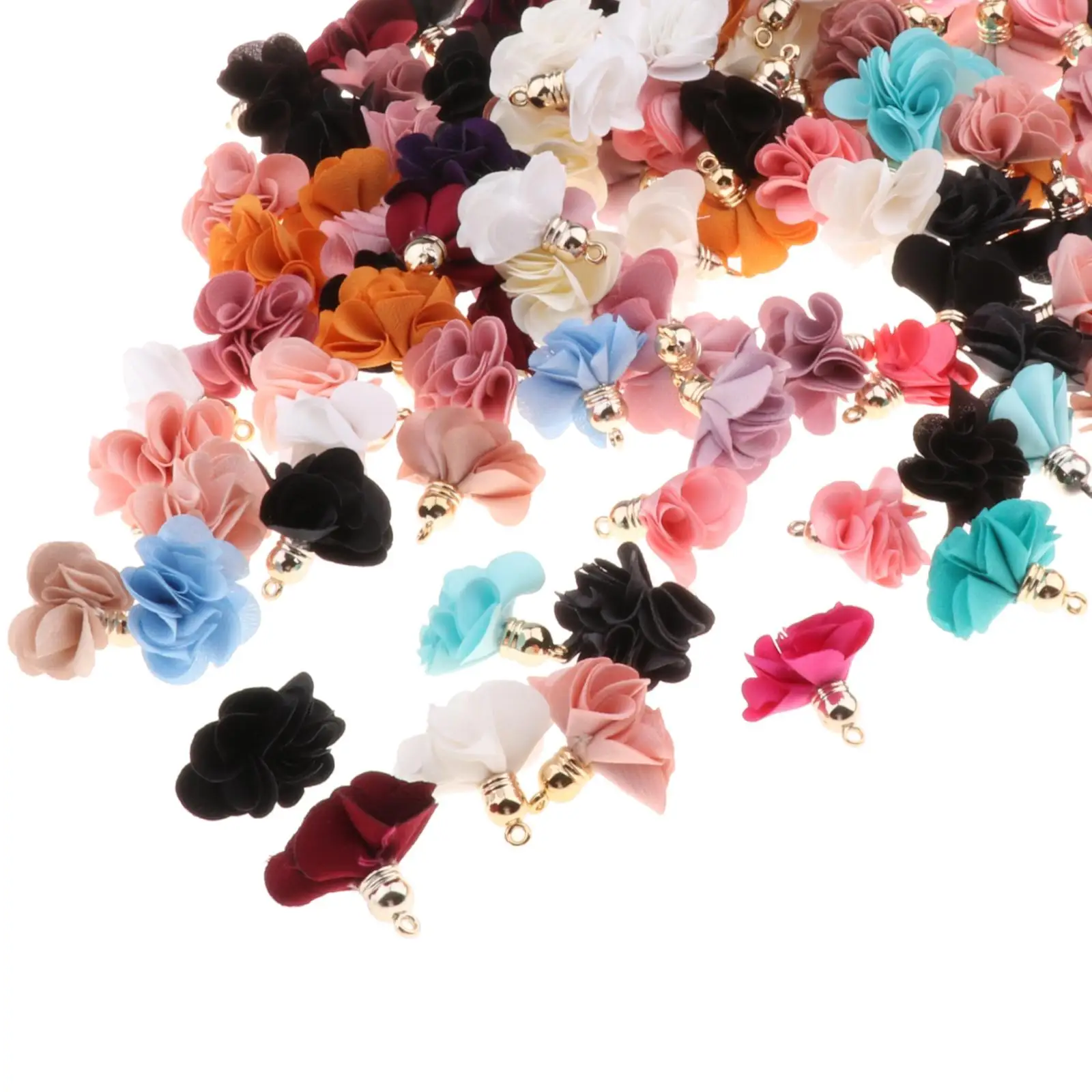 100pcs Cloth Fabric Flower Pendants Tassel Charms DIY, Mixed Color 25-30mm Jewelry Making
