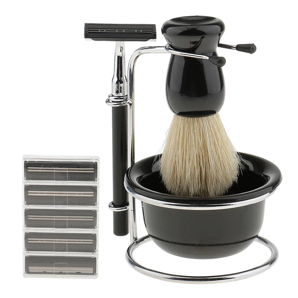 4in1 Black Shave Stand +Bristle Brush+ Bowl +Safety  Travel Set for Men