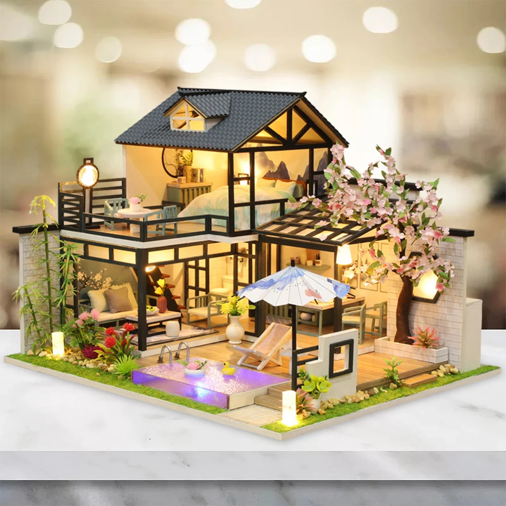 Wood Dollhouse Miniature with Furniture LED Light Kit Doll House Puzzles Building Kit Villa Room Birthday Gifts