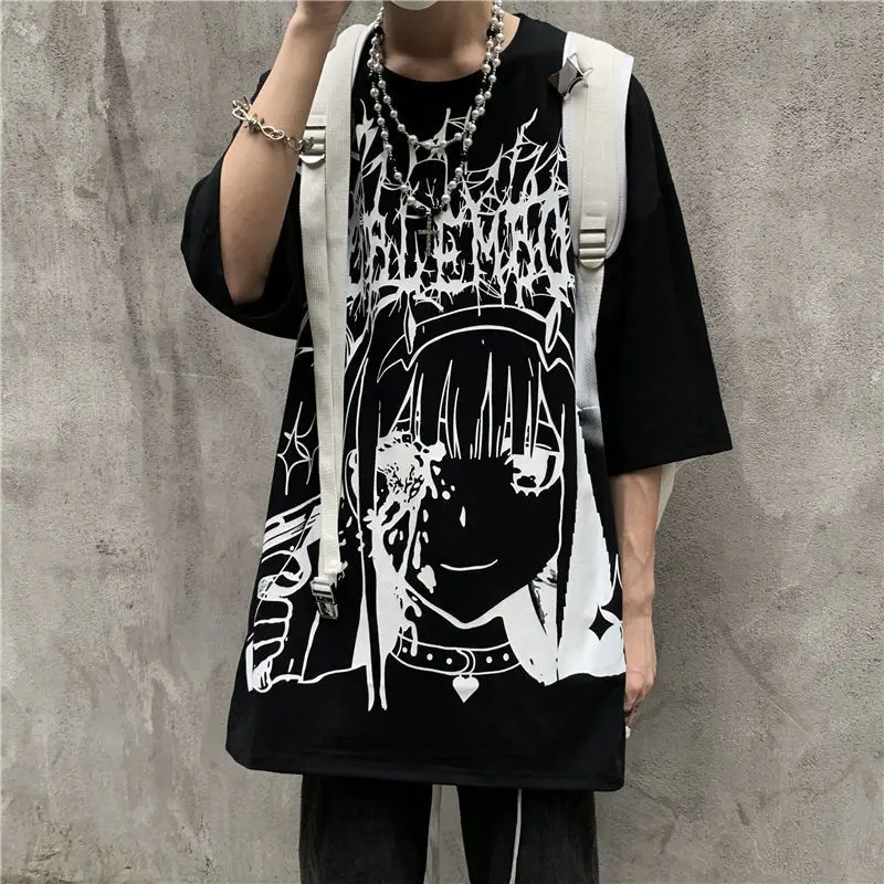 QWEEK-camiseta gráfica gótica, top escuro de anime,
