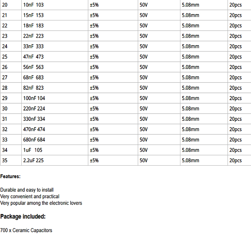 Variedade Kit 35 Valores Cada Capacitores Cerâmicos Monolíticos 20Pcs