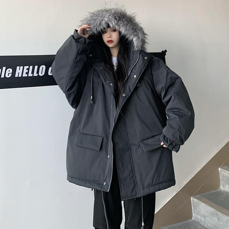 preto harajuku gola de pele parka solto