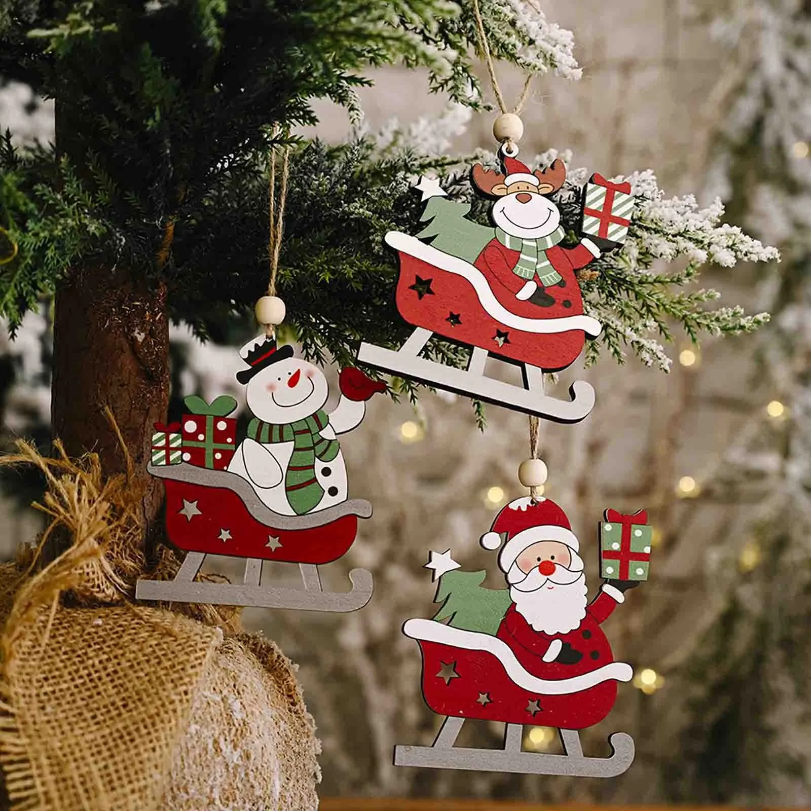 Christmas Bell Hanging Ornaments Wooden Santa Claus Xmas Tree Pendant Decor 